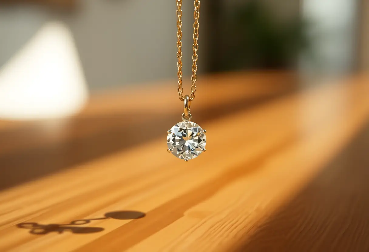 Guide sur les bijoux : un pendentif en diamant sur une table en bois