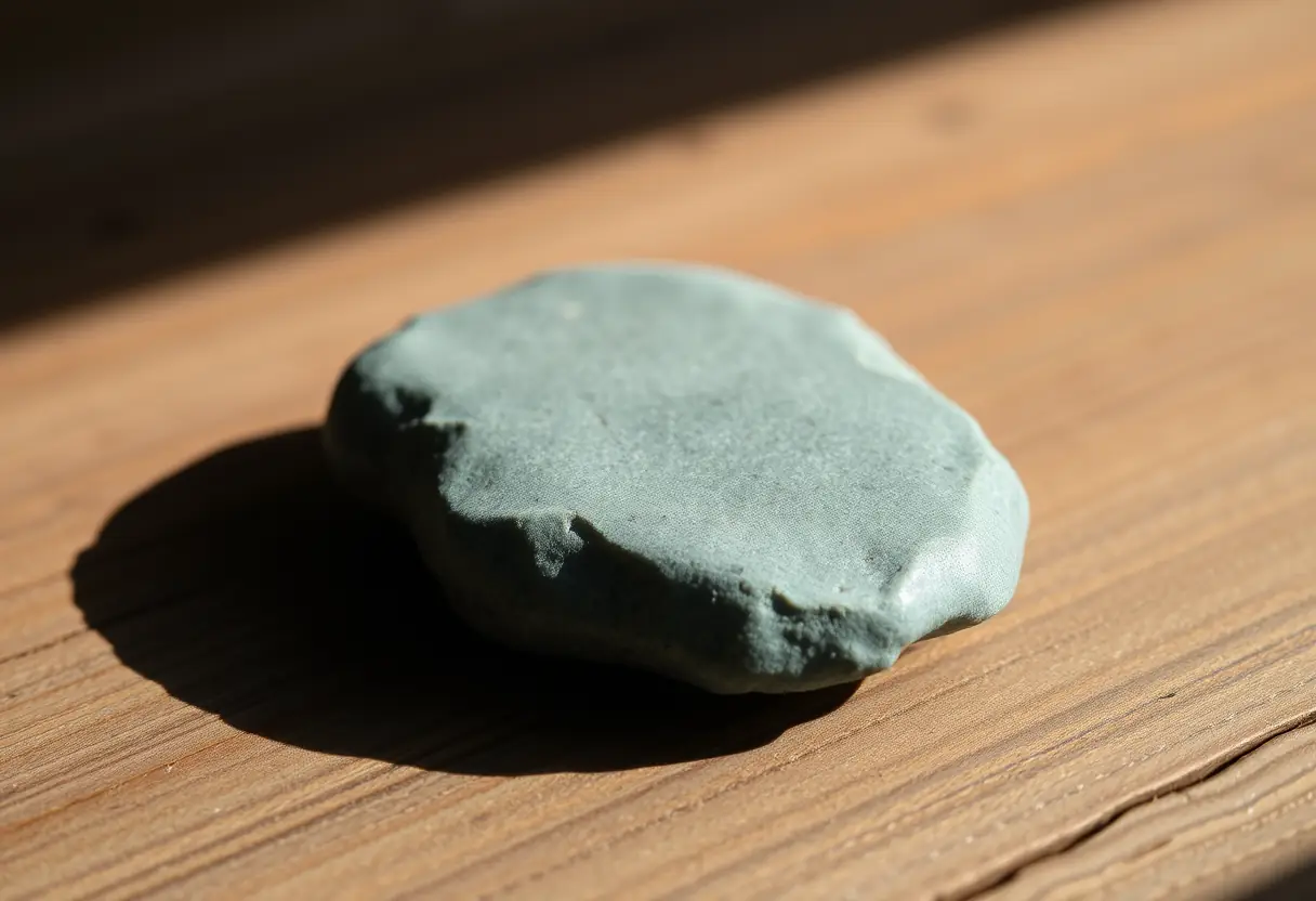 Une pierre turquoise sur une table en bois