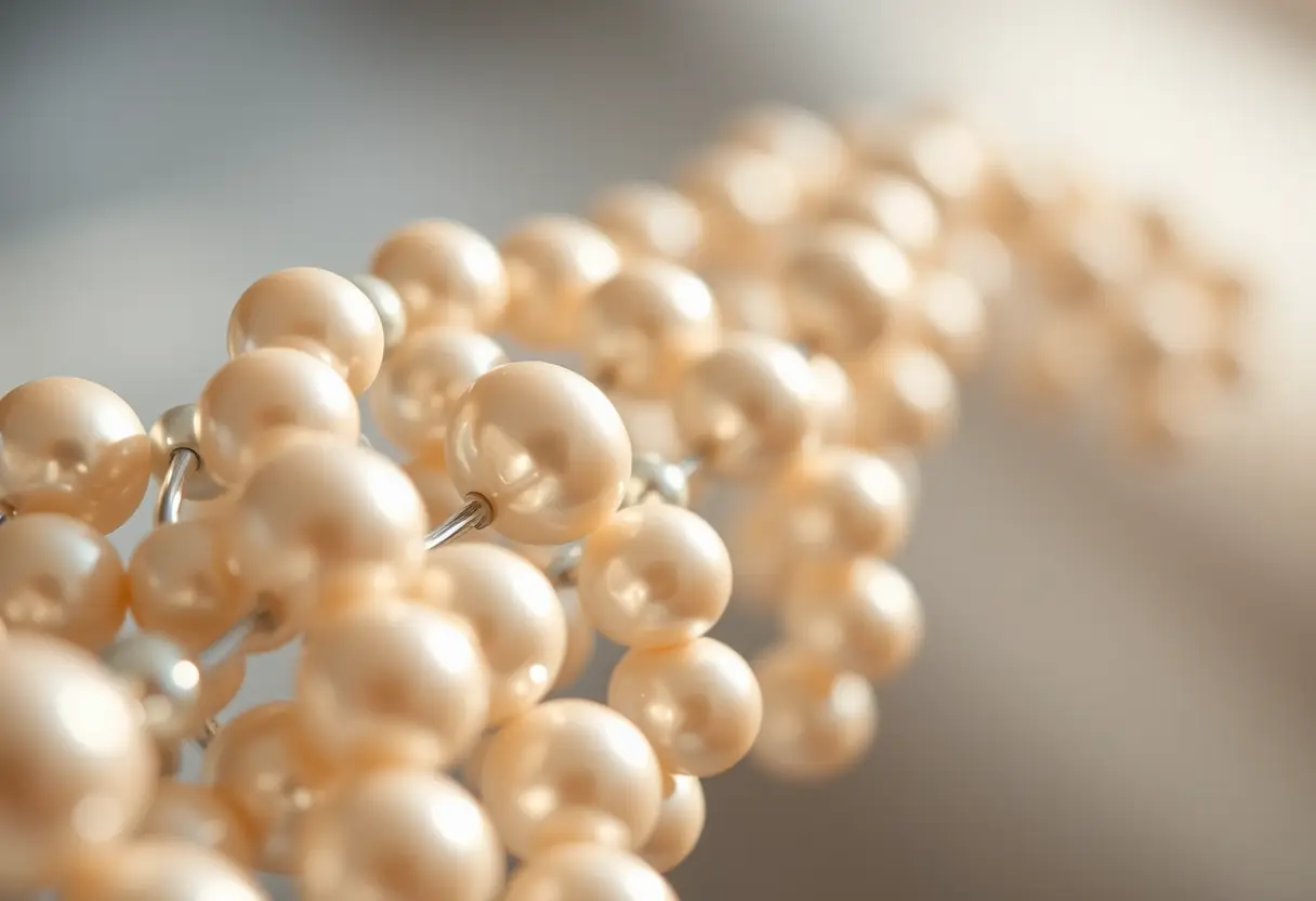 Un plan rapproché de perles sur fil d'argent, illuminées par la lumière naturelle