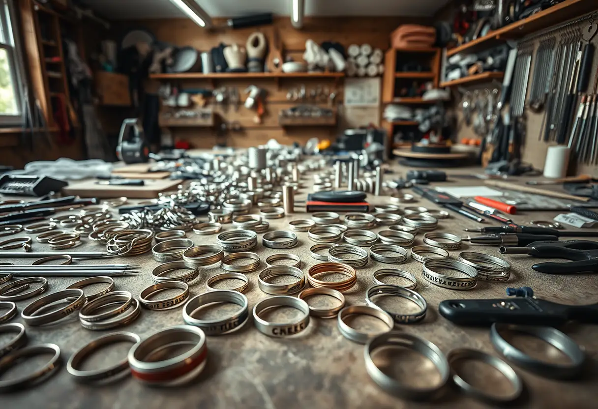 Atelier de joaillerie avec des bracelets métalliques et des outils