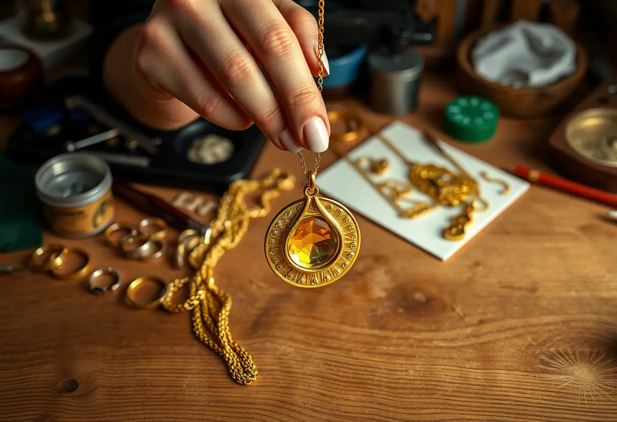 Main de femme posant un pendentif doré sur un collier, éclairage naturel