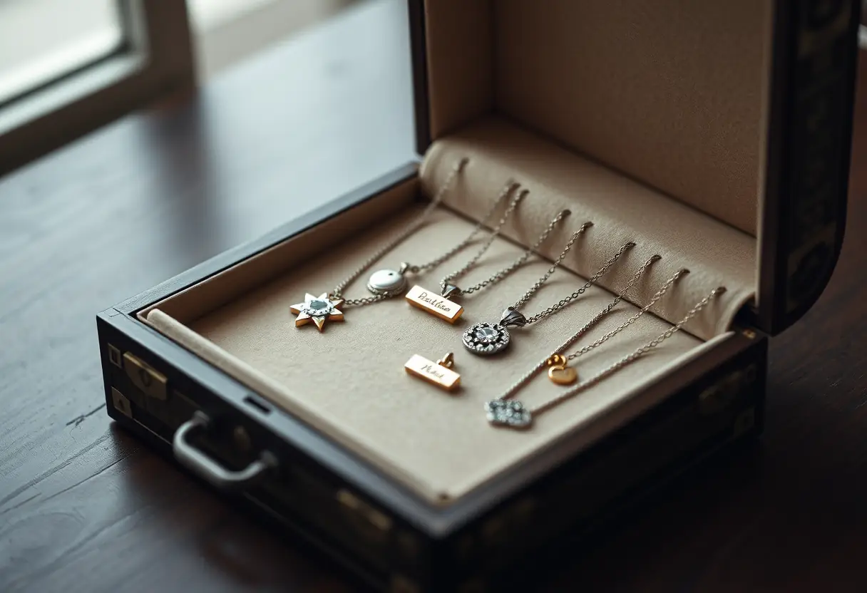 Boîte à bijoux ouverte montrant des colliers personnalisés