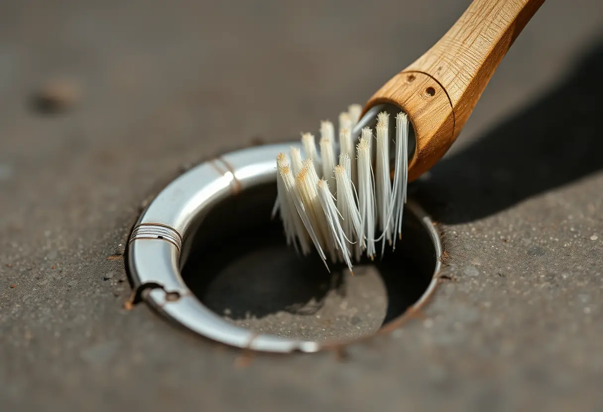 Une brosse à dents ancienne en train de nettoyer délicatement une bague en argent noircie