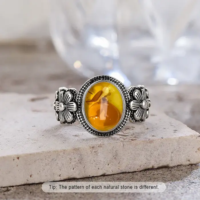 Bagues en argent Sterling 925 en pierre d'ambre naturelle