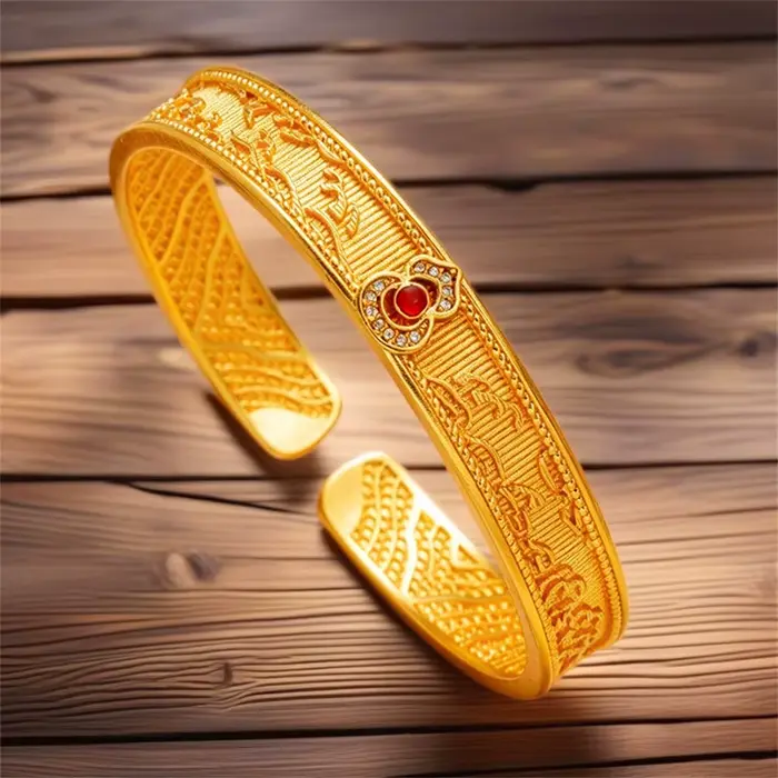Bracelet manchette ouvert en or massif 24K AU999, motif nuage filigrané Ruyi, avec gemme rouge, unisexe, vintage, pour homme, femme, couple, bijou porte-bonheur, cadeau de mariage