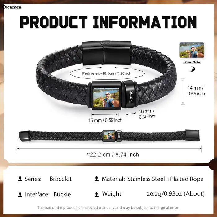 Bracelet Photo Personnalisé pour Homme en Acier Inoxydable avec Gravure Nom et Motif Paix Occasions Spéciales Mode Hiphop Rock