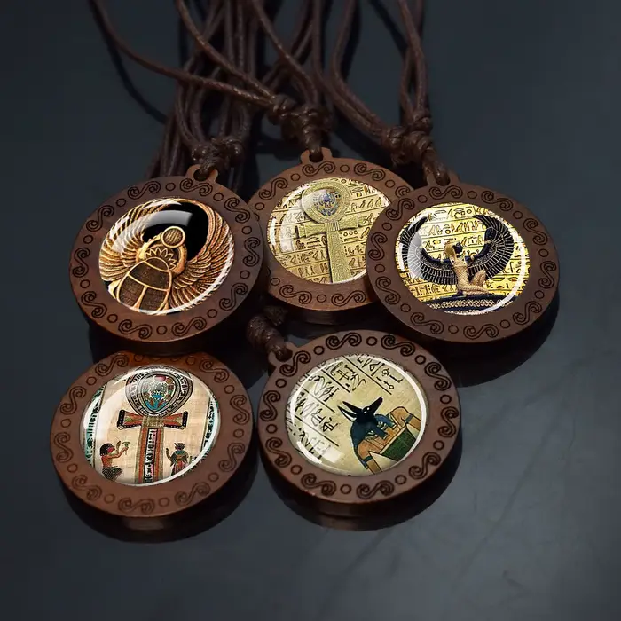 Pendentifs de l'egypte ancienne Ankh Anubis Scarab Sphinx Isis déesse pendentif en bois chaînes de corde collier pour femmes hommes bijoux égyptiens