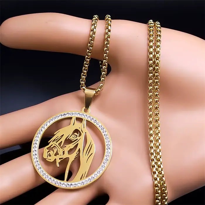 Collier pendentif tête de cheval pour hommes et femmes, en acier inoxydable, chaîne animale en cristal, accessoires de cheval, bijoux colar masculino