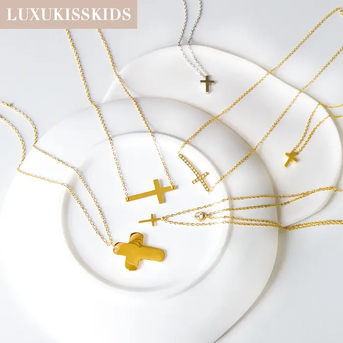 LUXUKISSKIDS acier inoxydable chapelet croix pendentif colliers christianisme bijoux économiseur Collier pour femme/homme couleur plaquée or