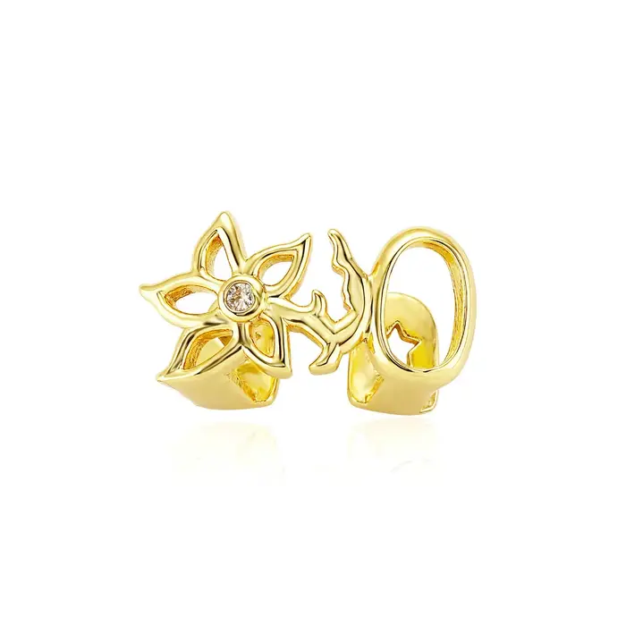 Grillz dentaire double creux finition brillante, motif floral, argent vintage, cuivre doré, forme irrégulière, pour usage quotidien