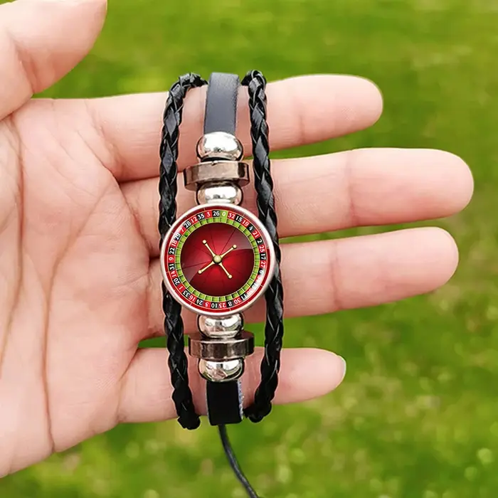 Bracelet en cuir avec roue de Roulette pour hommes et femmes, jeu de Table à la mode, bouton en verr