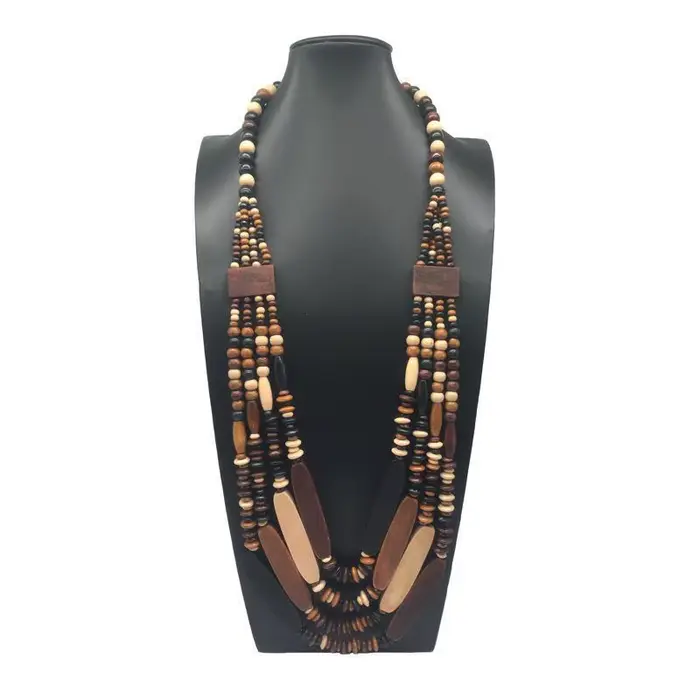 Collier ethnique géométrique en perles de bois avec chaîne de pull multicouche