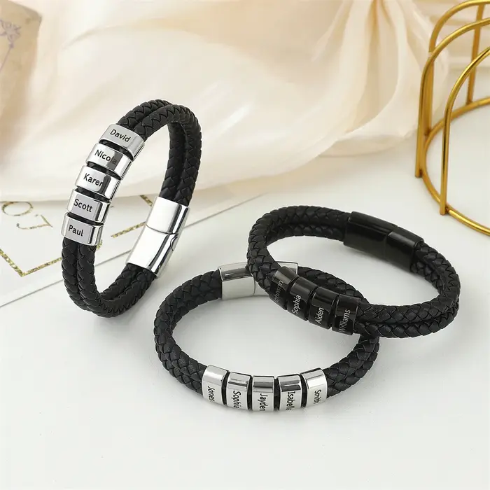 Cadeau de fête des pères Bracelet en cuir personnalisé pour hommes noms d'enfants gravés personnalisés Bracelets de perles pour papa mari Punk bijoux garçon