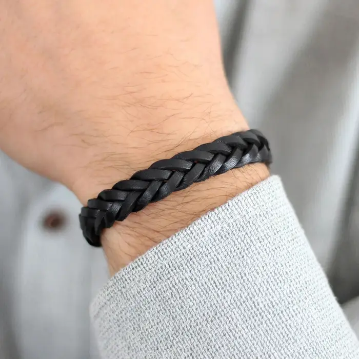 Bracelet en cuir tressé noir, manchette en cuir uni tissé, bracelet en cuir véritable pour hommes, b
