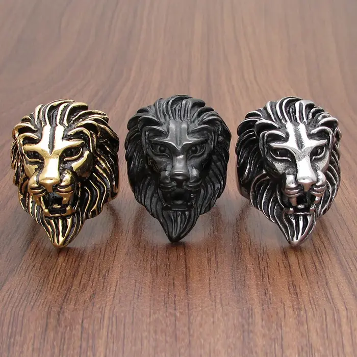 Bague Punk en acier inoxydable 316L, couleur argent, plaqué or et noir, roi tête de Lion, bijoux