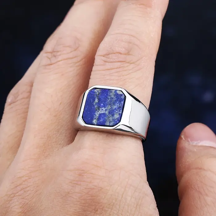 Bague en acier inoxydable poli avec pierre bleue pour hommes et femmes