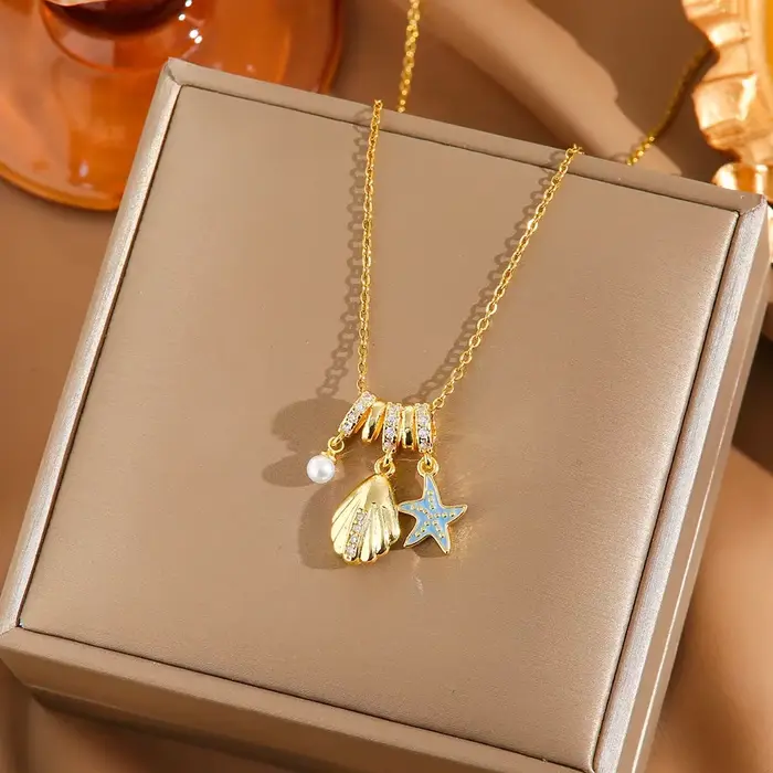 Collier multi-breloques style marin, étanche, en acier inoxydable, avec pendentifs étoile de mer bleue, coquillage, perle et cristal, bijoux de plage pour les vacances