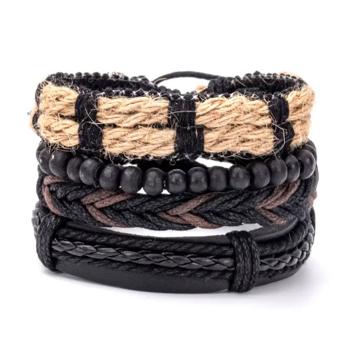 4 pièces/ensemble tressé Wrap Bracelets en cuir pour hommes Vintage arbre de vie gouvernail charme perles de bois ethnique Tribal Bracelet corde Bracelet