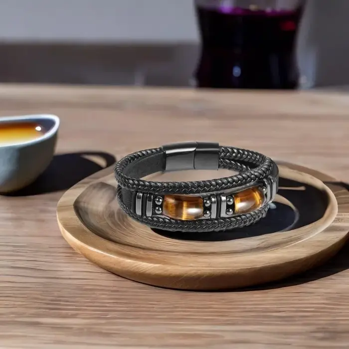 Bracelet en cuir noir œil de tigre pour hommes
