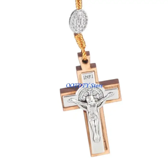 Collier chapelet en bois fait à main, pendentif croix, chaîne, bijoux religieux, 367A