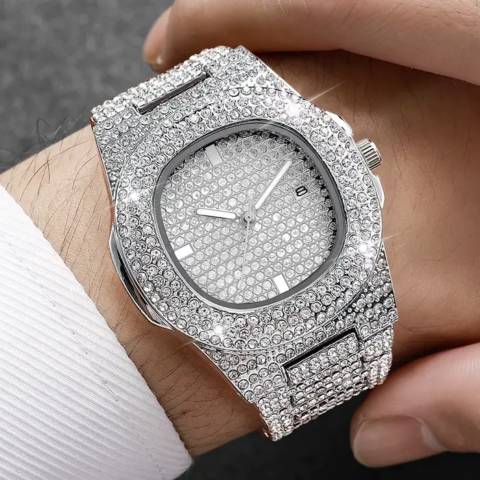 Ensemble de 3 montres pour hommes de luxe avec strass, chaîne cubaine, bijoux, montres à quartz carrées, accessoires, cadeau, Relogio Masculino