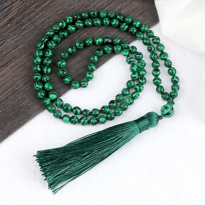 Collier de perles de Malachite Naturelles Mala pour Femmes et Hommes Pierres de Pin Bleu et Onyx Noir Bijou de Méditation et Yoga Occasions Spéciales