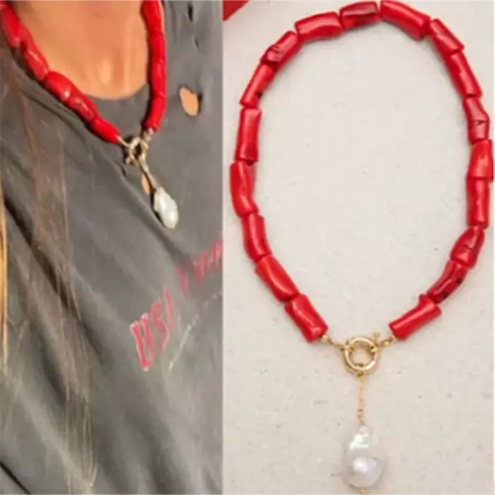 Collier avec pendentif en perles d'eau douce naturelles baroques, corail rouge, court pour femmes, bijoux bohème à la mode, ras du cou d'amitié, 2022