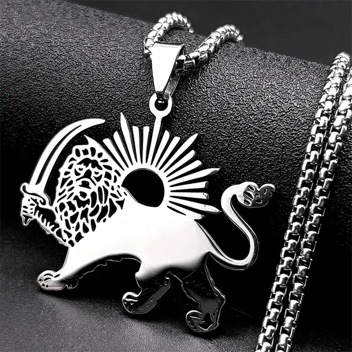 Collier Shamshir Lion de Perse en acier inoxydable pour homme et femme avec pendentif épée islamique iranienne pour occasions spéciales et cadeaux