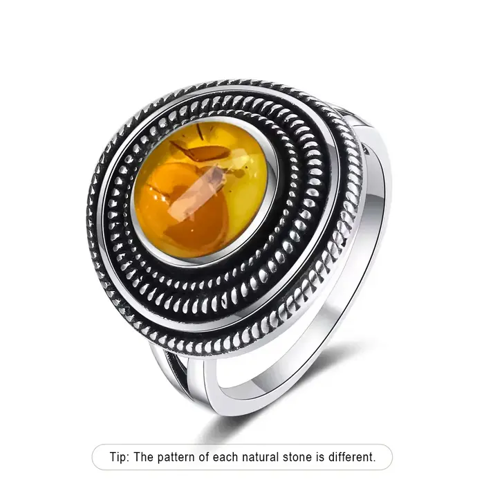 Bague en argent Sterling S925 avec pierre d'ambre naturelle en forme de fleur, pétale ovale, cadeaux