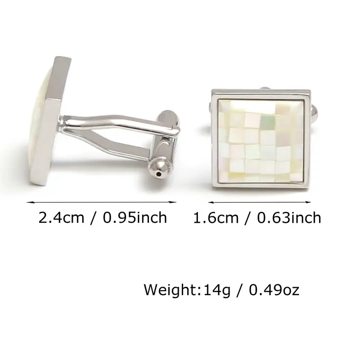 Boutons de manchette en laiton plaqué argent et nacre carrés pour hommes style mignon romantique occasions spéciales