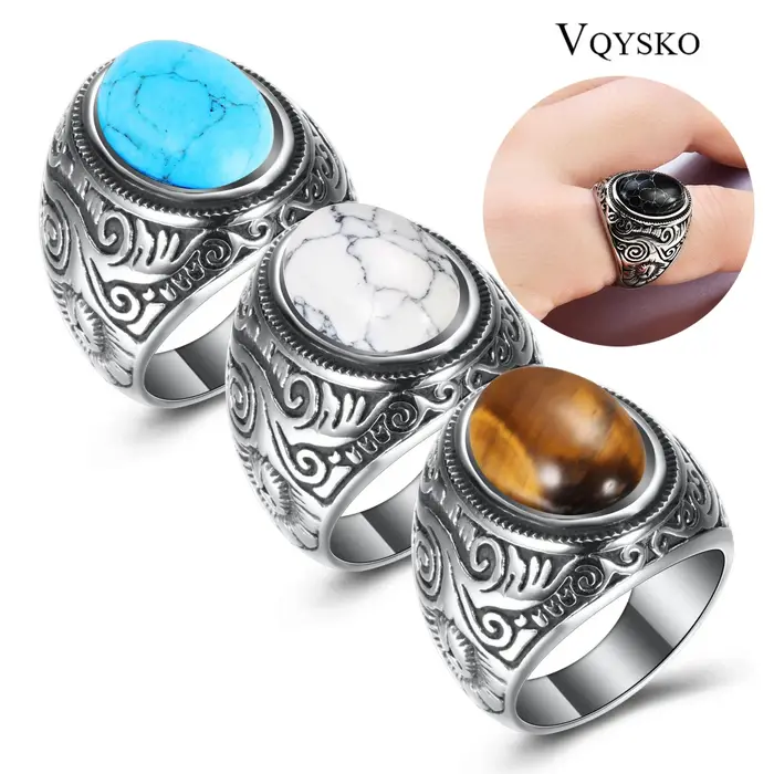 Gros rétro bijoux turquoise pierre anneaux pour hommes titane acier incrusté trois couleurs Onyx anneau