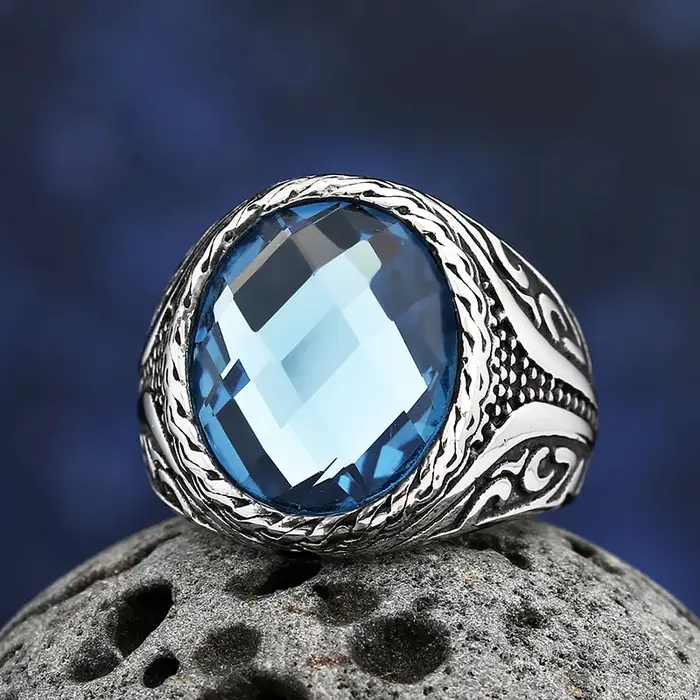 Bague en Acier Inoxydable avec Pierre Bleue pour Homme et Femme, Bijou à la Mode, Breloque de Fiança