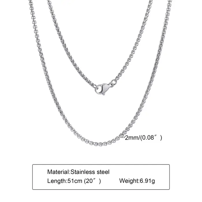 Chaîne de boîte ronde pour hommes et garçons, colliers de chaîne en acier inoxydable plaqué or argent noir, cadeaux de bijoux unisexes, 18 à 30 pouces