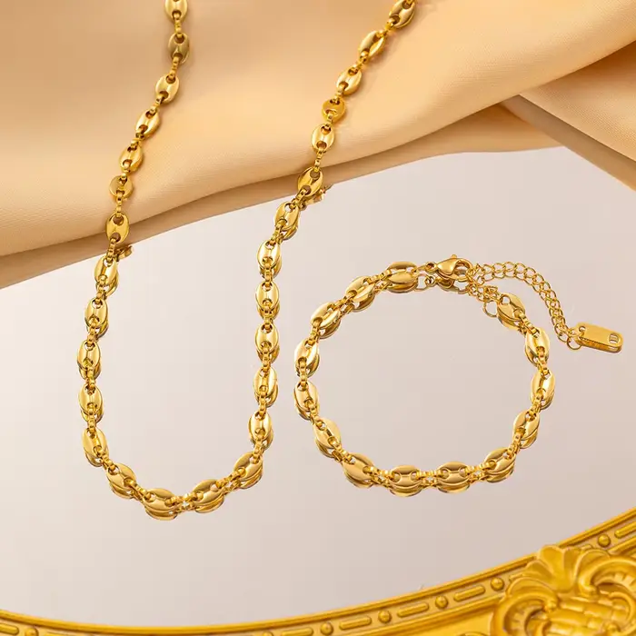 Ensemble collier et bracelet en acier inoxydable de luxe pour hommes et femmes, bijoux vintage plaqués or 18 carats en forme de nez de cochon