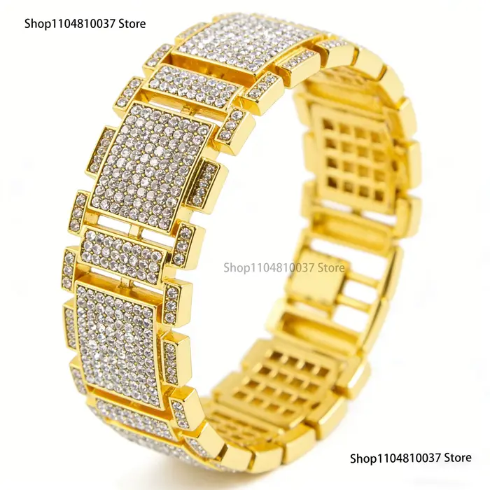 Bracelet Hip-Hop pour Homme Incrusté de Zircons en Cristal, Bijou Exagéré pour un Style Personnel