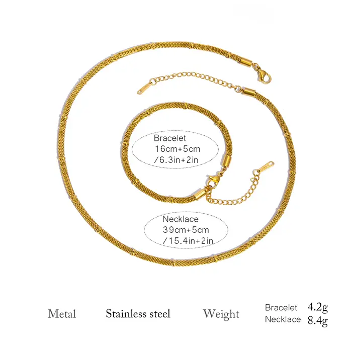 Ensemble collier et bracelet en chaîne en maille d'acier inoxydable plaqué or 18 carats pour femmes