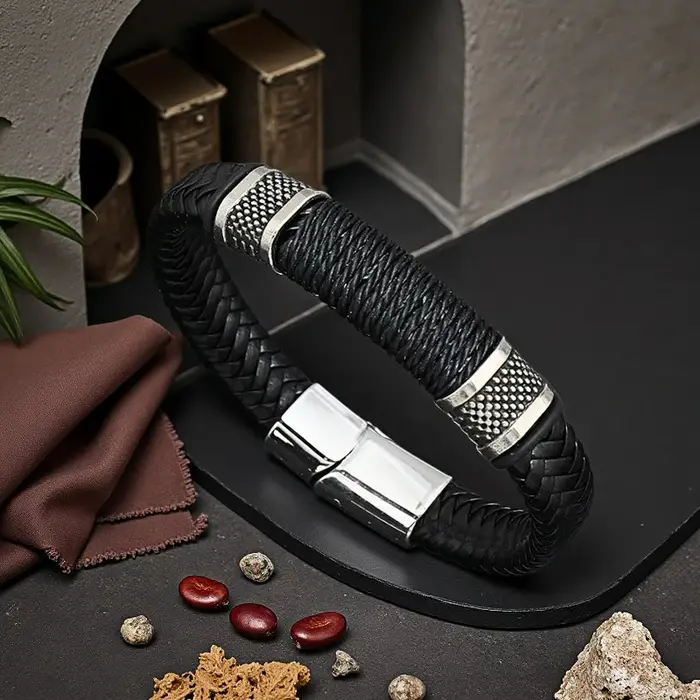 Nouveau Bracelet Unique pour hommes, Bracelet en cuir tressé à la main, couleur noir argent, cadeau 