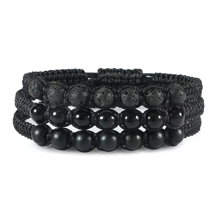 Bracelet noir en pierre naturelle Onyx pour hommes, perles de lave tressées, chaîne en corde réglable, bijoux faits à la main à la mode