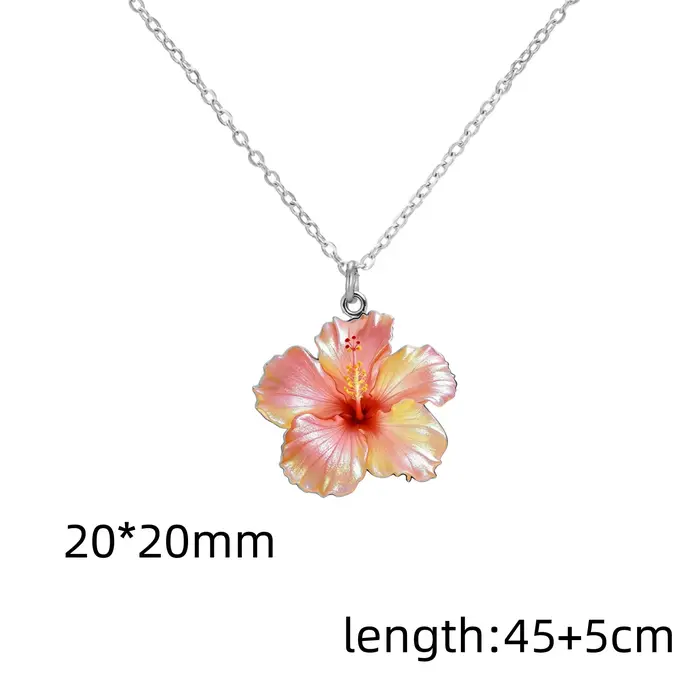 Collier Fleur d'Hibiscus Rouge en Acier Inoxydable Plaqué Or, Colliers Fleur d'Hibiscus Rose pour Fe