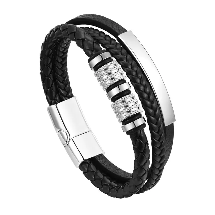 Vnox Bracelet en cuir tressé personnalisé pour hommes Bracelet en cuir Pu triple tissé fait à la mai