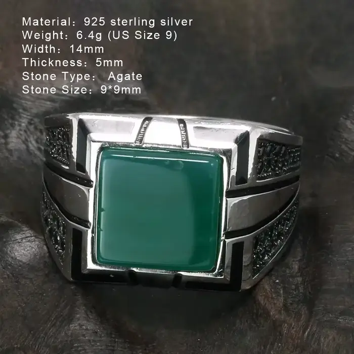 Bagues vintage en argent 925 pour hommes, bague en agate, matiques de couleur de charbon, bague de bijoux turcs, rétro cool, grand, garanti