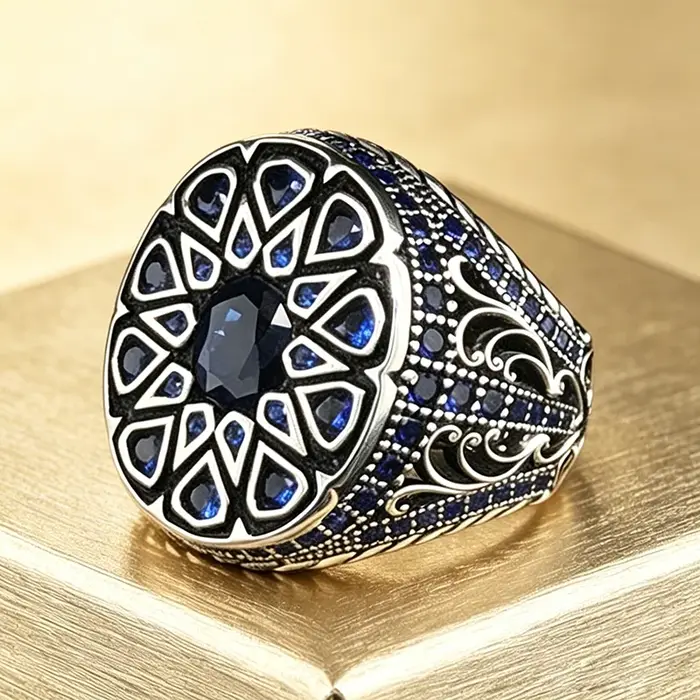 Bague vintage pour homme en saphir bleu