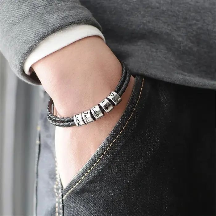 Bracelet en cuir personnalisé pour hommes avec perles personnalisées