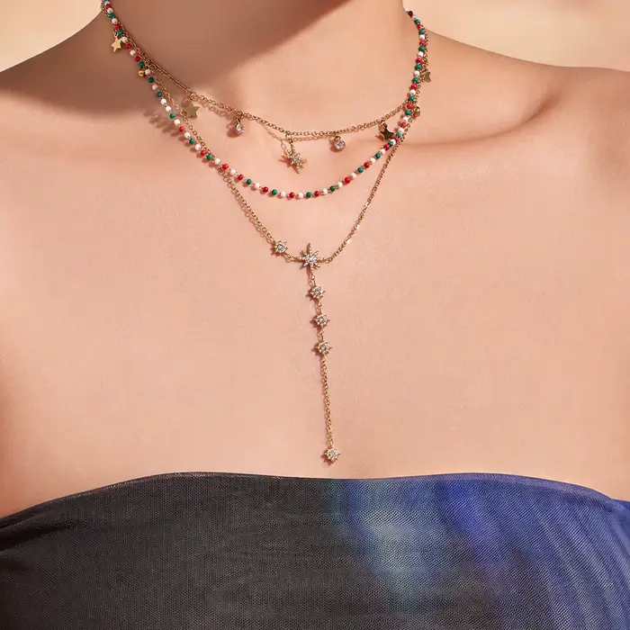 Collier Zircon North Star Y avec perles émaillées empilables, en acier inoxydable 316L plaqué or 18 carats, pour femme, ensemble de bijoux