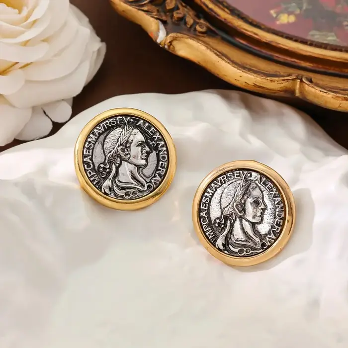 Parure de bijoux vintage avec pièces de monnaie grecques, collier et boucles d'oreilles rétro, cadea