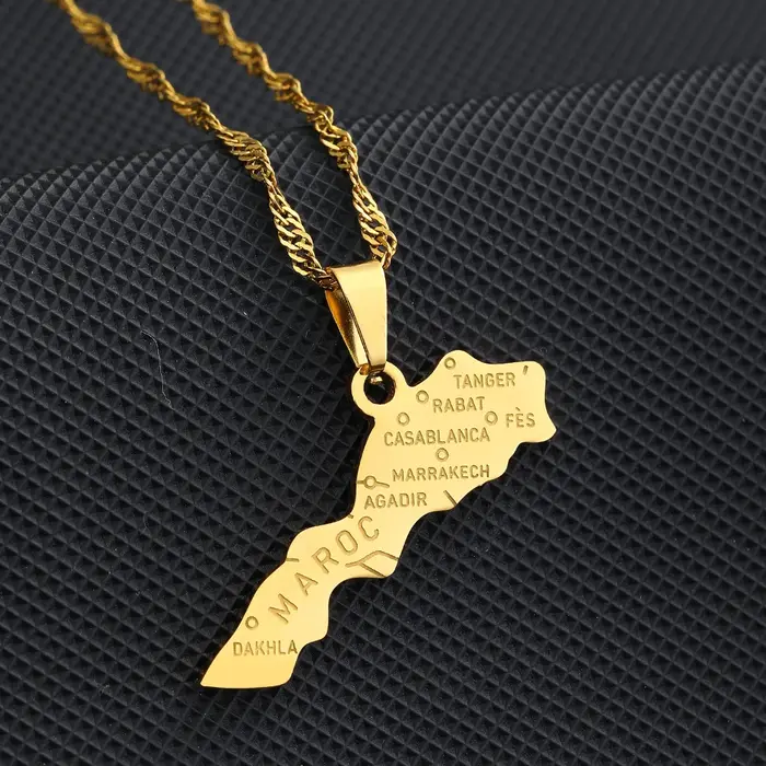 Collier pendentif carte ville du marocain africain en acier inoxydable pour hommes et femmes, cartes