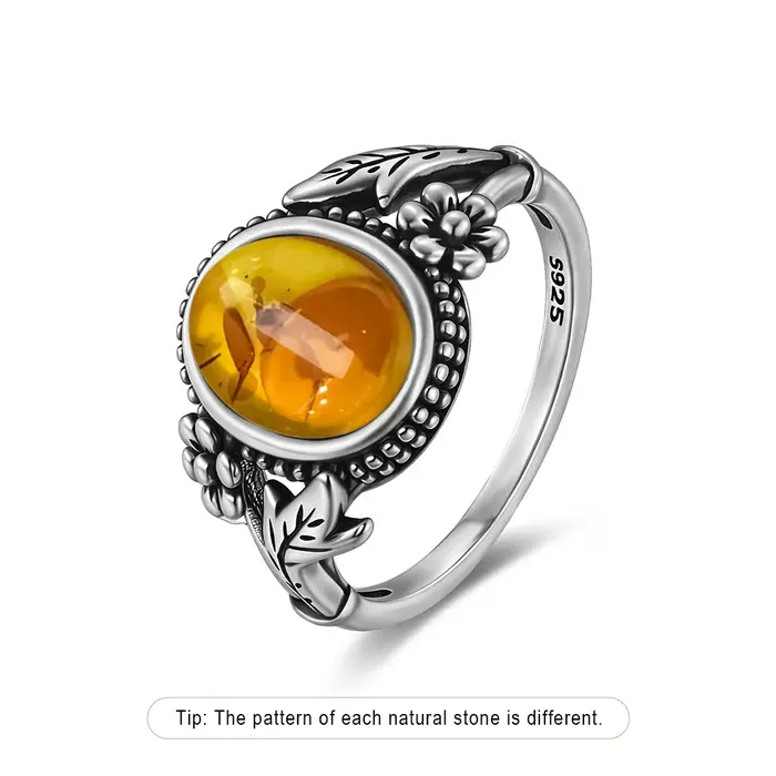 Bague en Argent Sterling S925 Fleurs d'Amber Naturel pour Femmes Occasions Spéciales Anniversaire Cadeaux Bijoux Fins