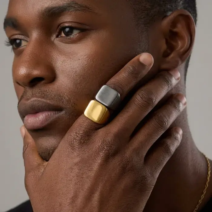 Bague Signet Carrée Homme en Acier Inoxydable Or Argent Noir
