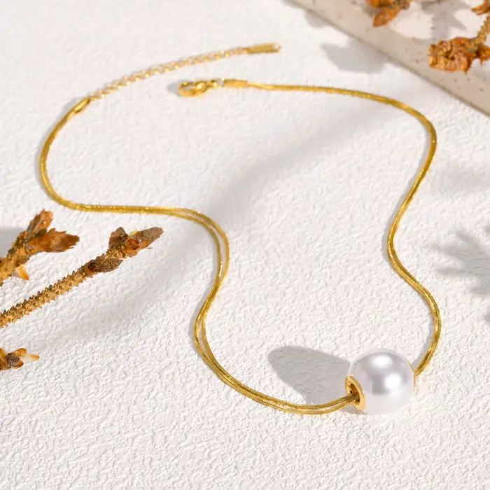 JOPearl-Collier Pendentif Double Couche pour Femme, Bijoux Imperméables en Acier Inoxydable Plaqué Or