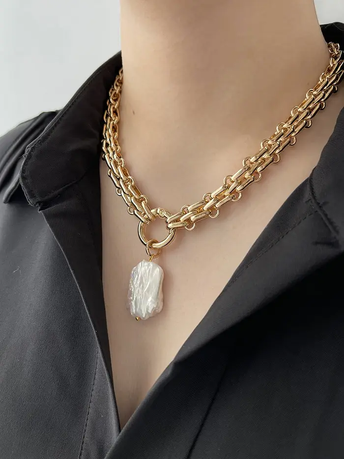Peri'sBox grand carré naturel perle d'eau douce pendentif grosse chaîne collier pour femmes Vintage élégant baroque perles colliers